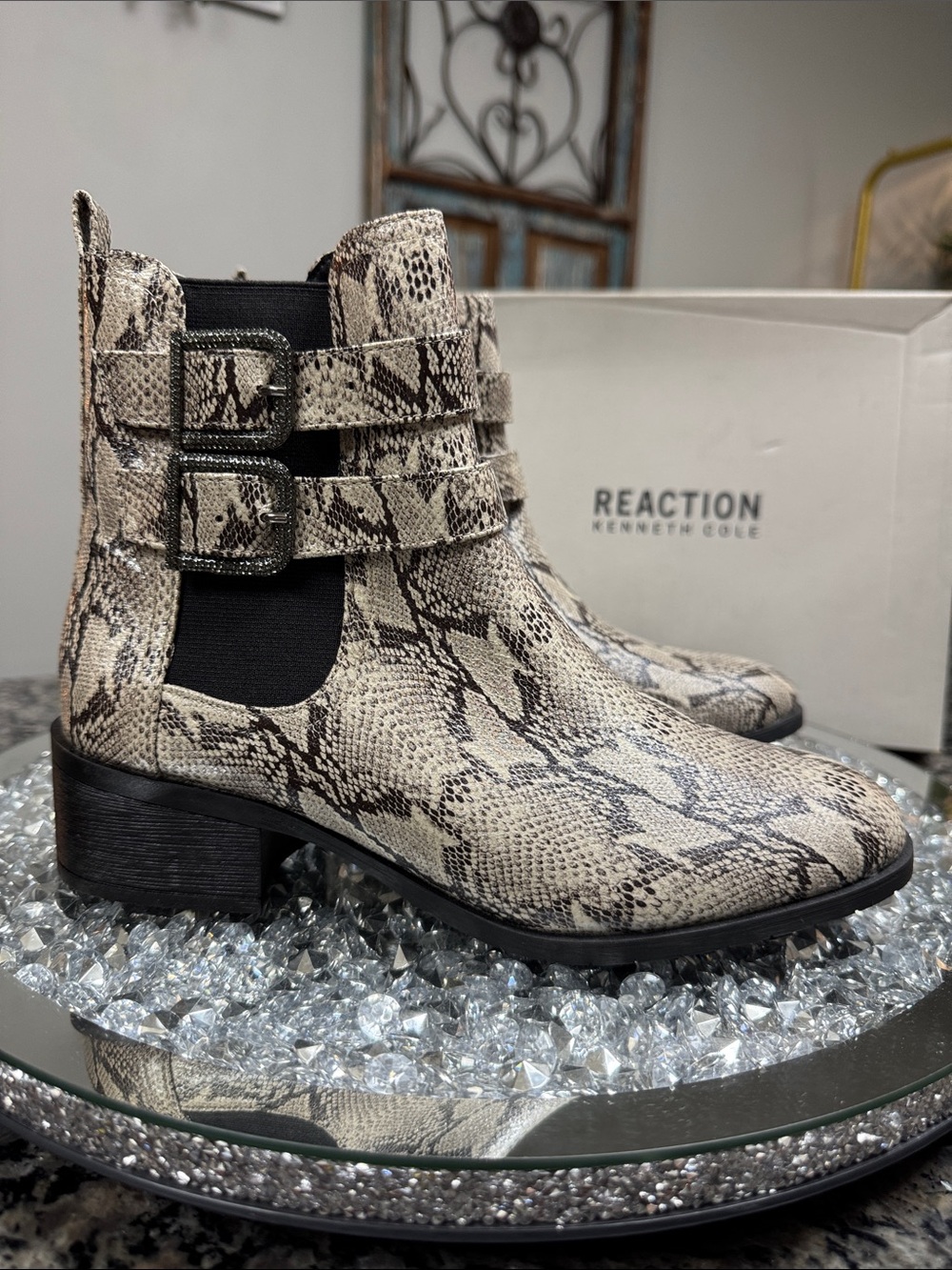 Kenneth Cole Reaction Women's Snake-Print Buckle Chelsea Boot in Beige/Brown